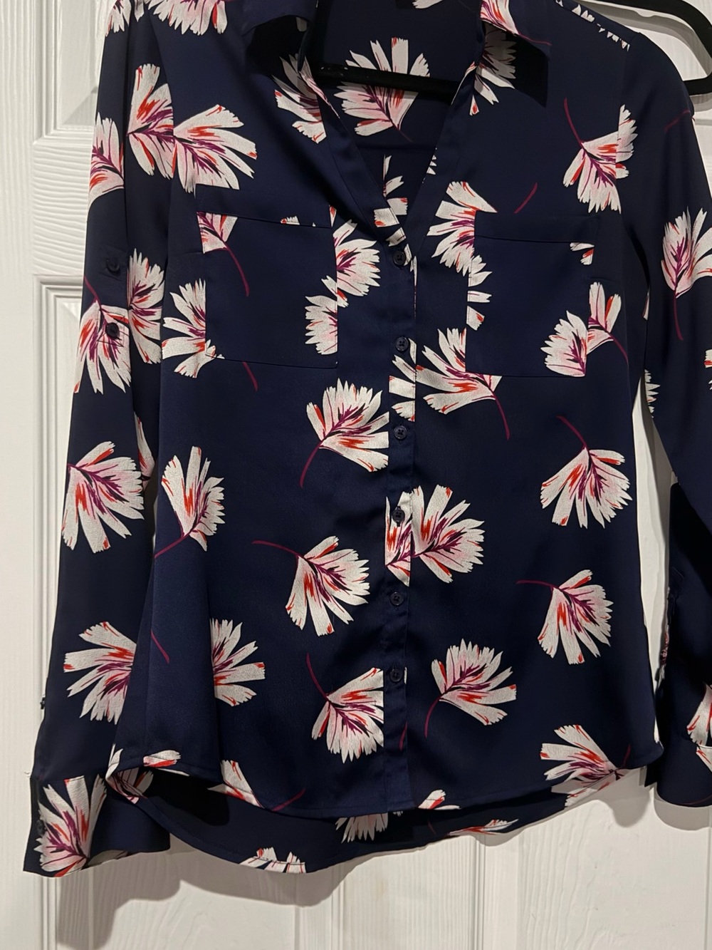 Express Navy Floral Button-Down Shirt with White & Pink Blooms